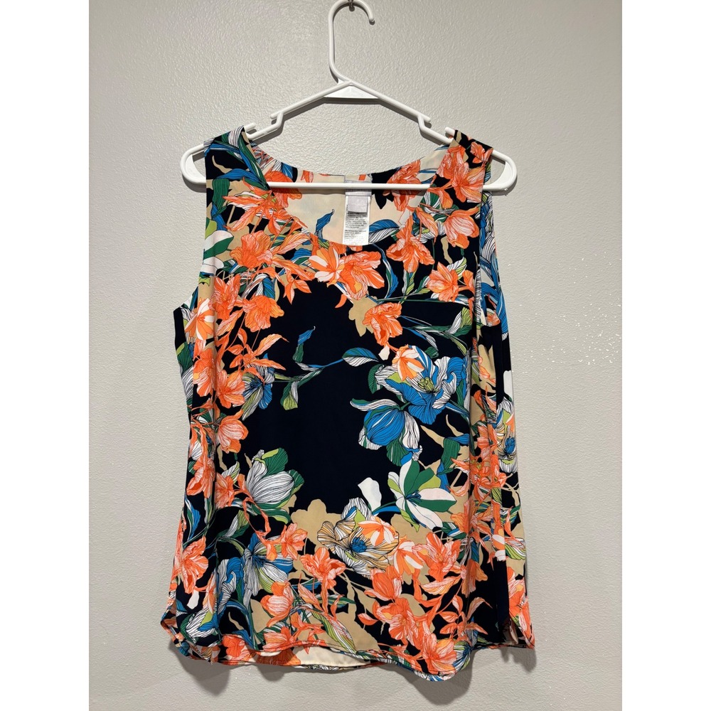 Chicos Floral Sleeveless Blouse Navy Blue Orange Tropical Tank Top Size 1 M L